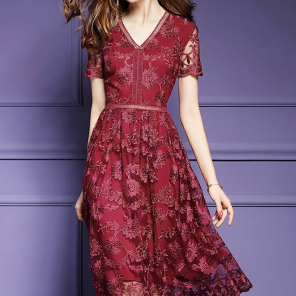 Deep Red Floral Embroidered Swing Midi Dress